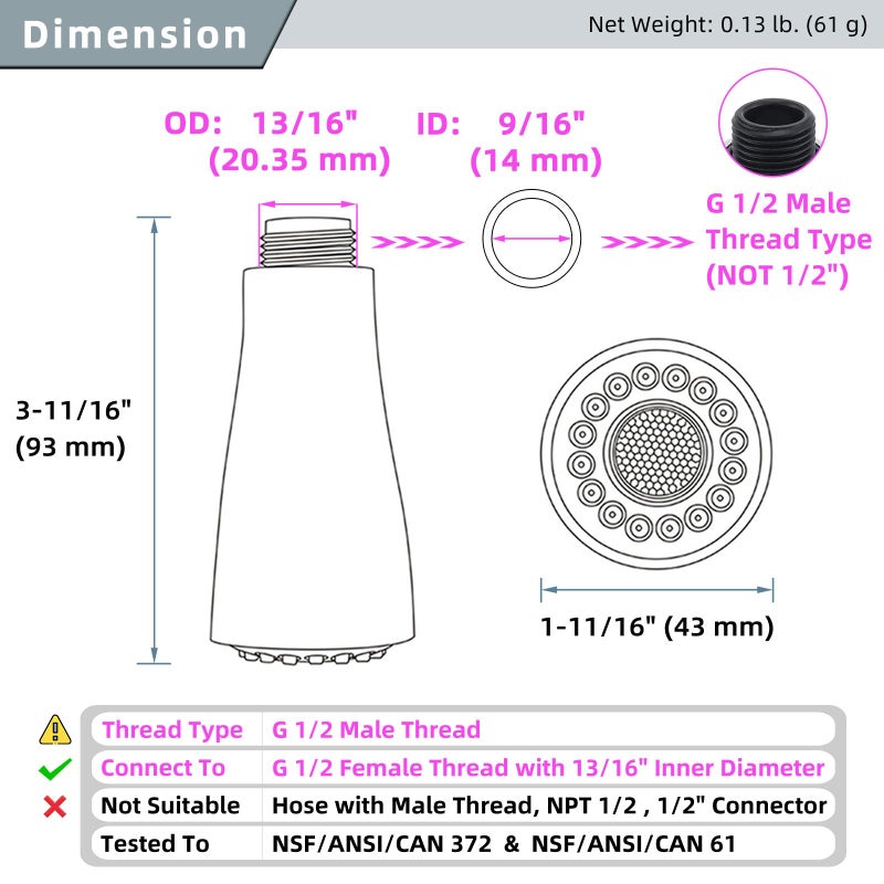 Angle Simple Kitchen Faucet Head Replacement, G 1/2 or 13/16 Inch Male Thread, NSF/ANSI/CAN 61 & 372 Testing, Sink Faucet Sprayer Replacement Parts, Stream Spray and Pause Mode, Chrome - Image 2